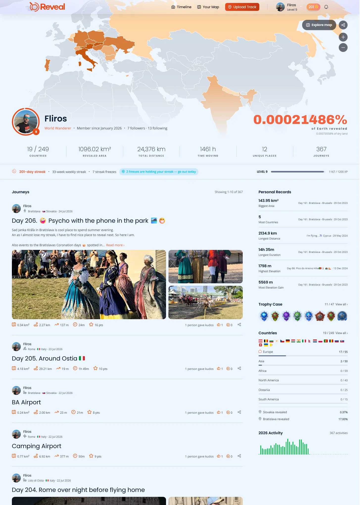 A Reveal explorer profile: revealed map, distance covered and countries collected
