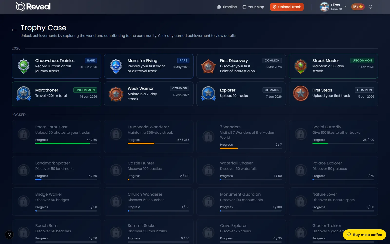 Real Trophy Case in Reveal with earned achievement badges