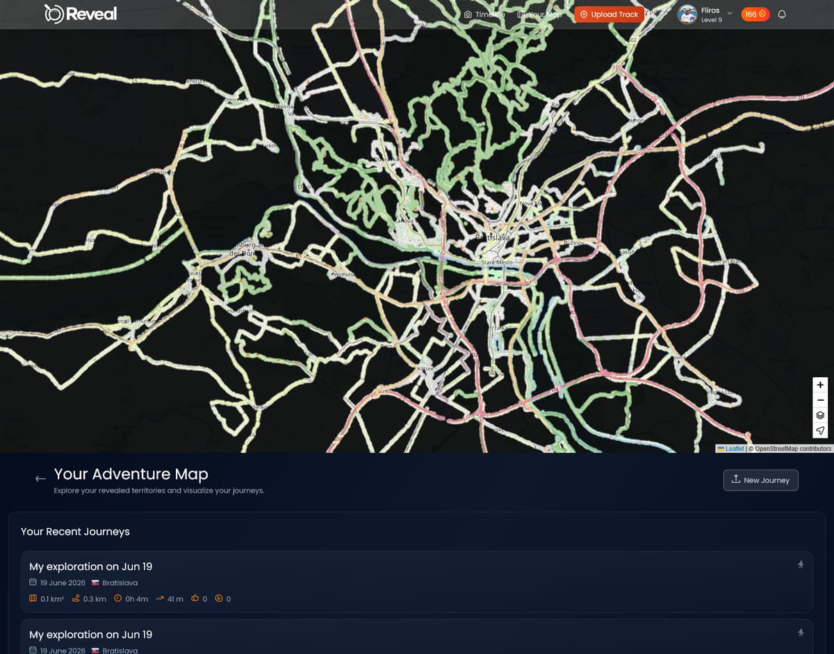 Real fog-of-war map in Reveal: revealed track network glowing through the fog