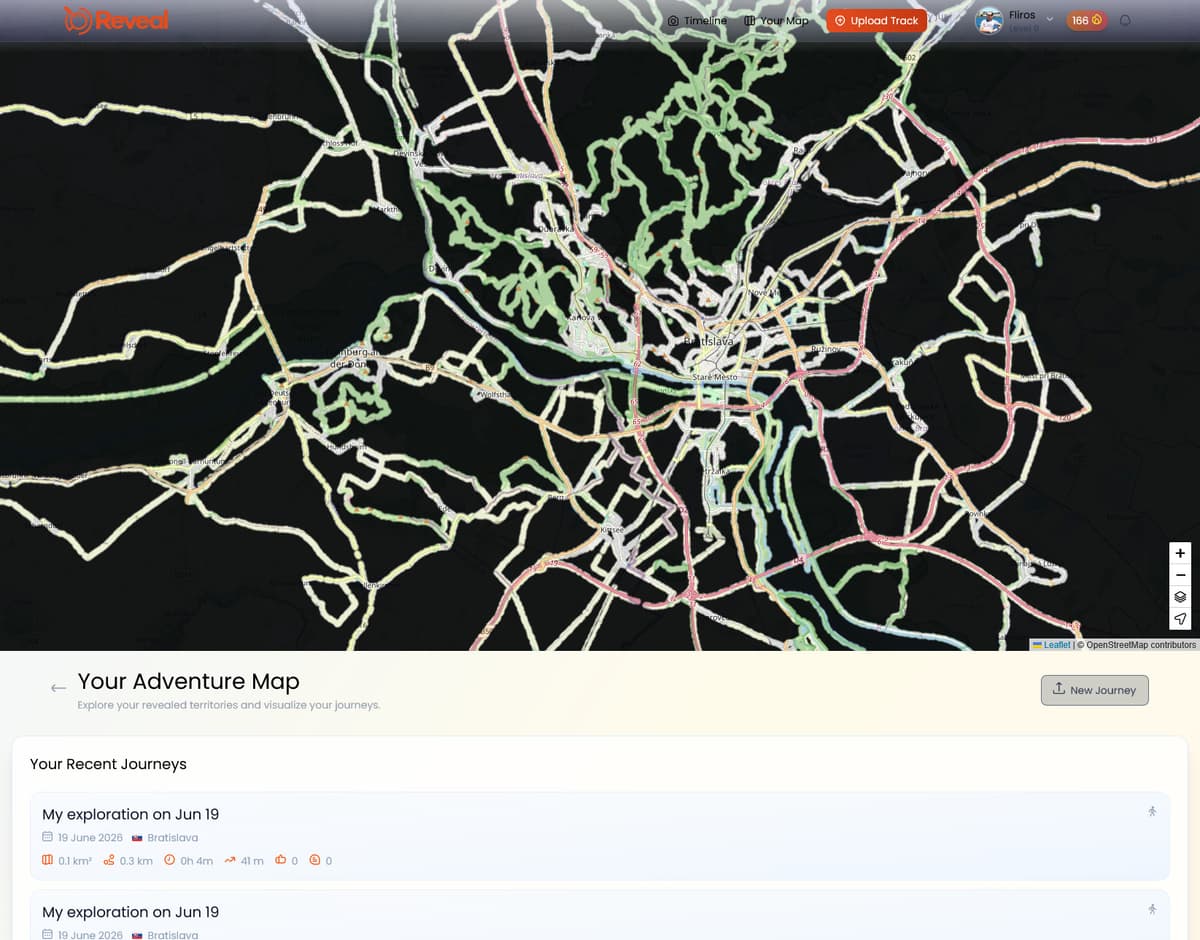 Real fog-of-war map in Reveal: revealed track network glowing through the fog