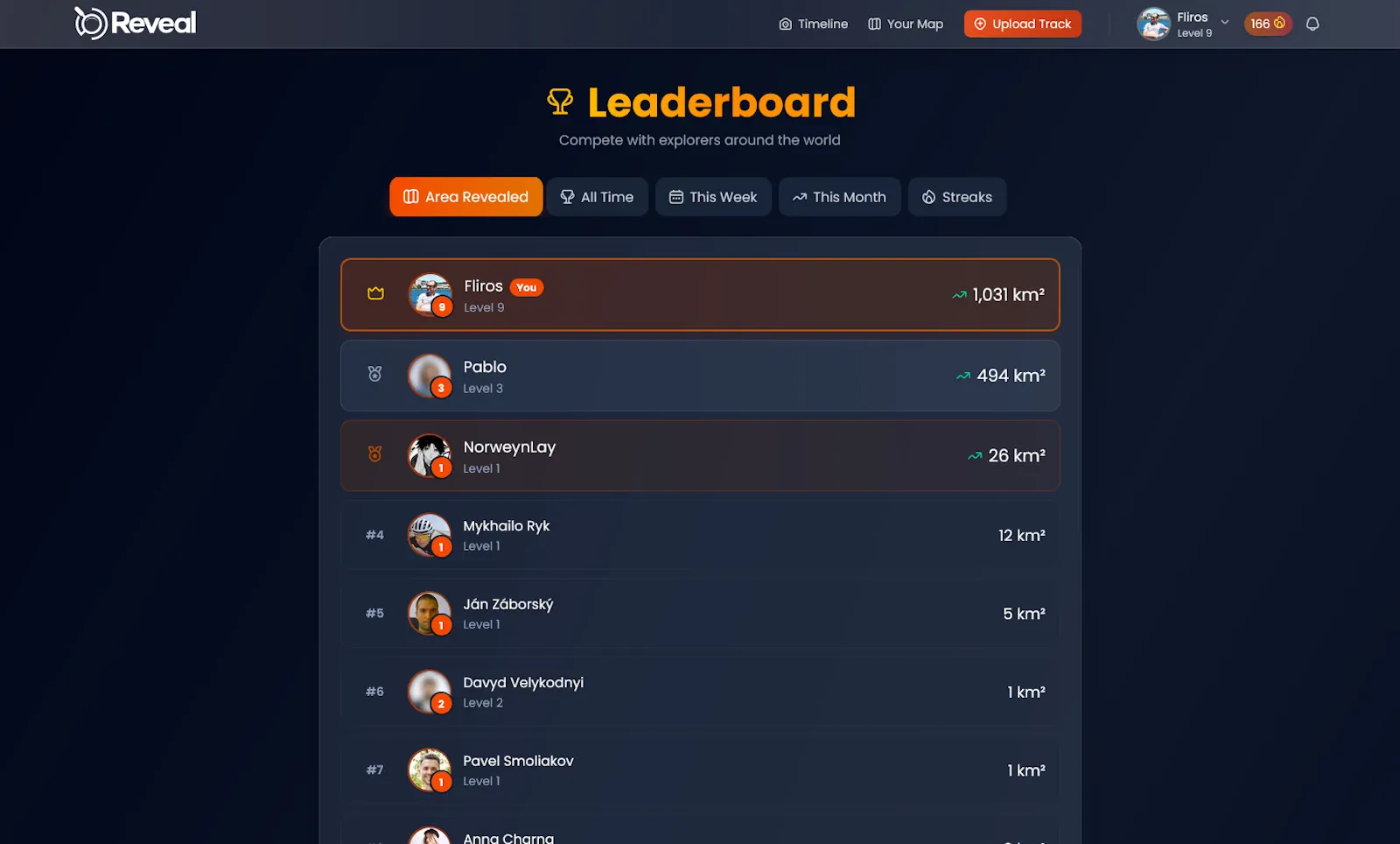 Real Reveal leaderboard showing area-revealed rankings