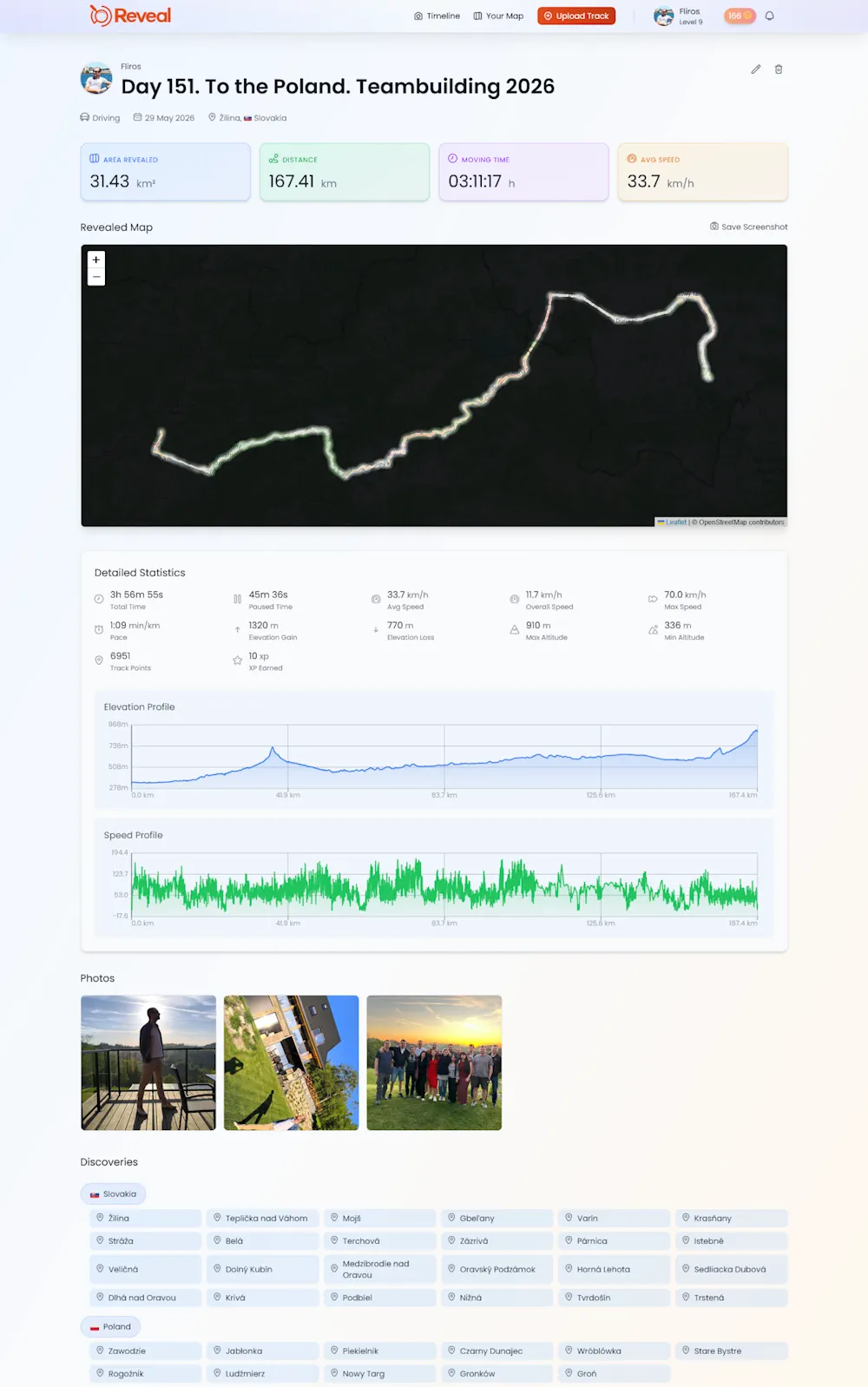 Real track detail in Reveal: revealed map, statistics, speed profile and discoveries
