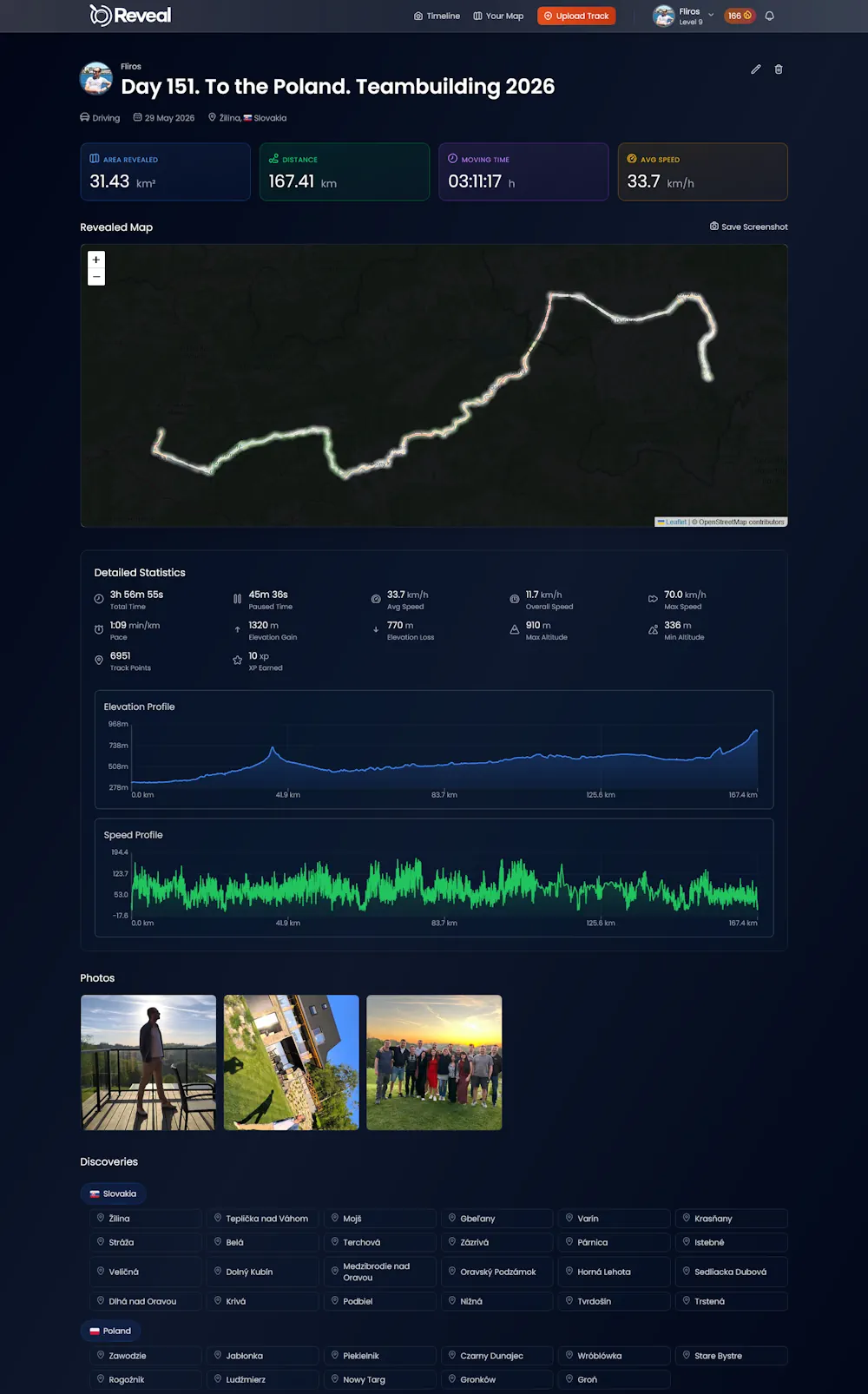 Real track detail in Reveal: revealed map, statistics, speed profile and discoveries