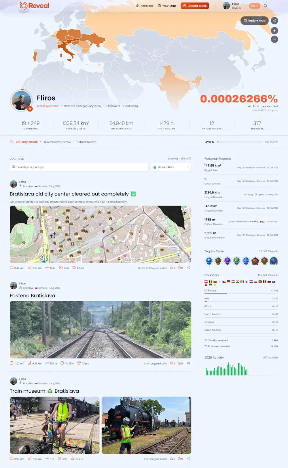 A Reveal explorer profile: revealed map, distance covered and countries collected