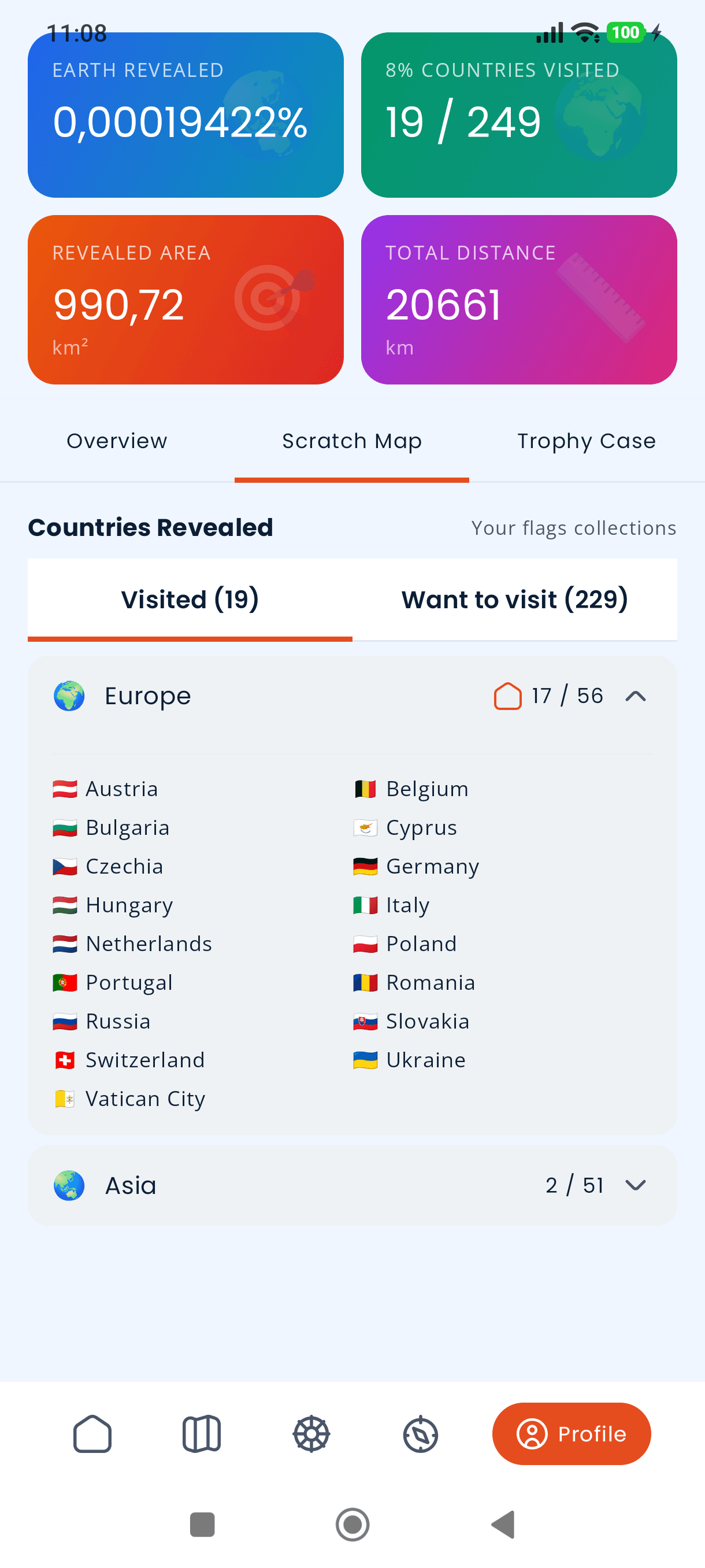 The countries and flags collected in the Reveal Android app