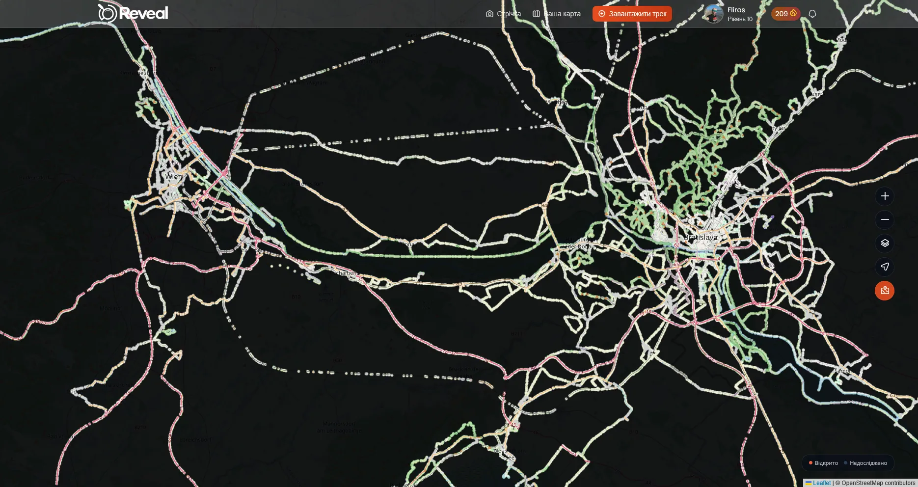 A real Reveal map, tracks glowing through the fog between Vienna and Bratislava