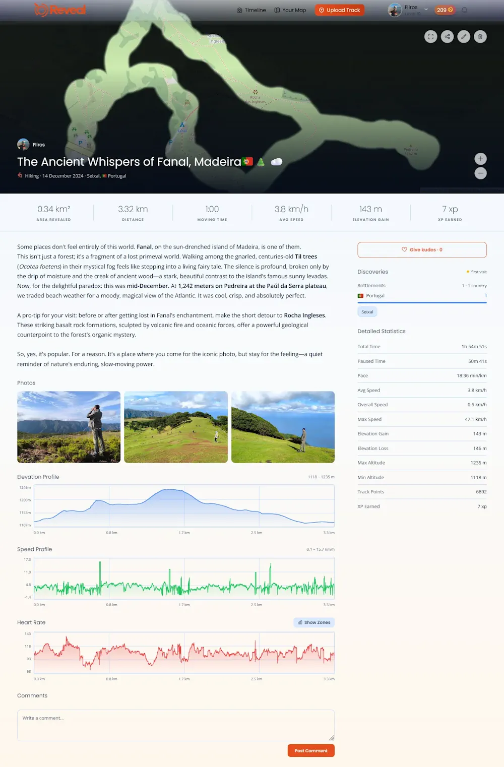 A track in Reveal: revealed map, distance and elevation stats, speed profile and the places discovered along the way